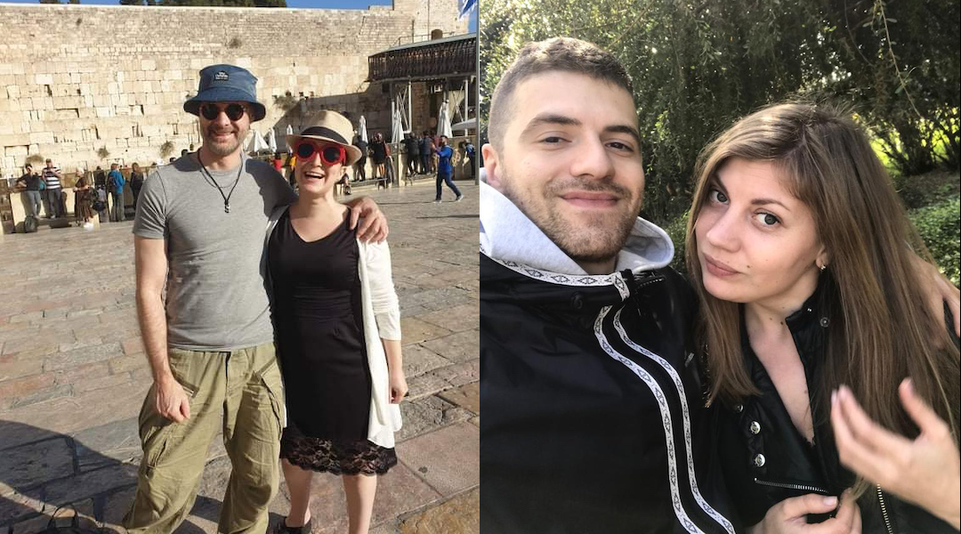 Left: Plia Kettner and her partner, Erik, at the Western Wall in Jerusalem. (Courtesy of Kettner) Right: Andrey and Polinka Belikov, who got married in October. (Courtesy of Andrey Belikov)