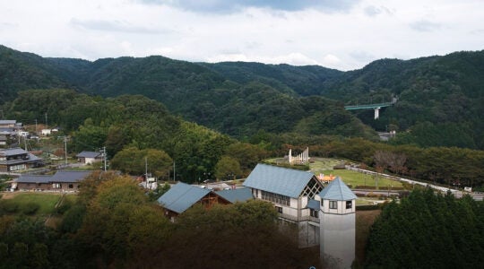 A view to the Chiune Sugihara museum in Gifu district, Japan and the peace monument behind it. (Cnaan Liphshiz)