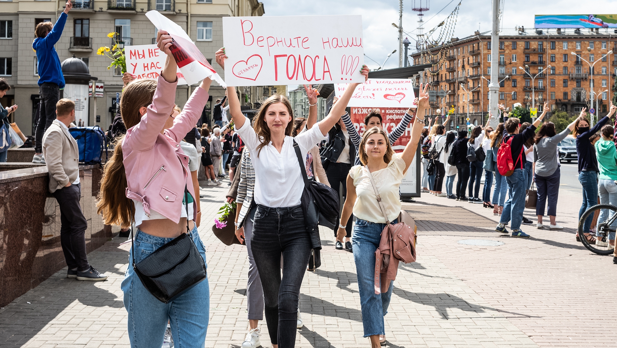 Protesters march through Minsk, Belarus on Aug, 13, 2020. (Misha Friedman/Getty Images)