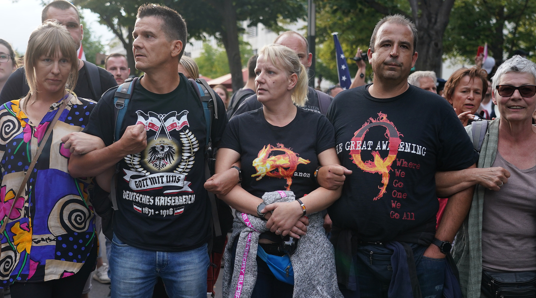 A group of Germans who follow the QAnon conspiracy theory protest in Berlin on August 29. That day, inspired by QAnon, a group of German extremists stormed the country's parliament. (Sean Gallup/Getty Images)