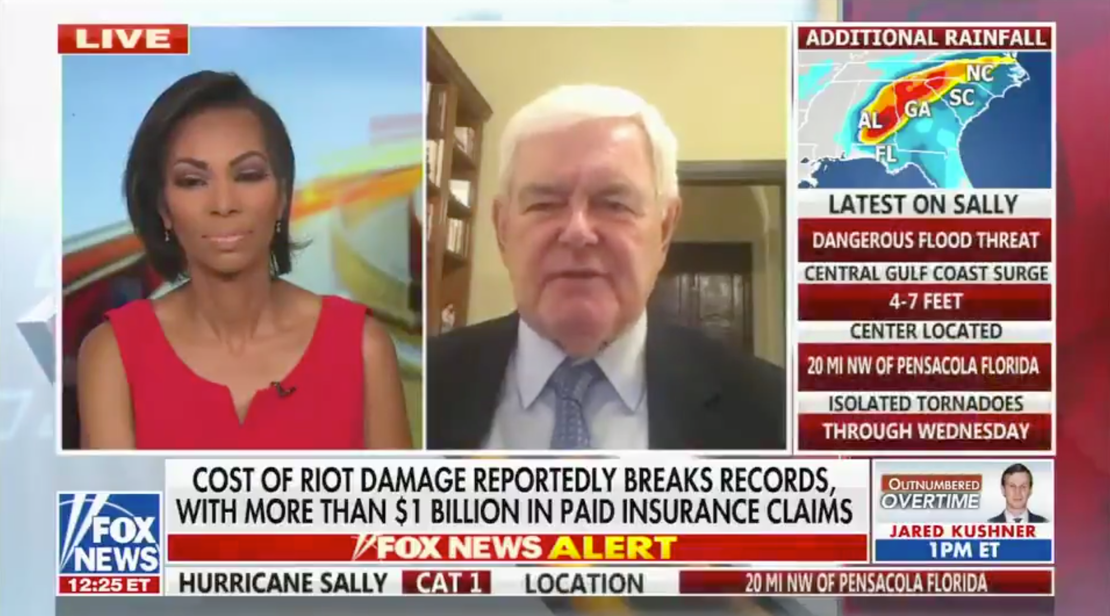 Harris Faulkner (left) and former House Speaker Newt Gingrich on Fox News on Wednesday, September 16. (Screenshot)