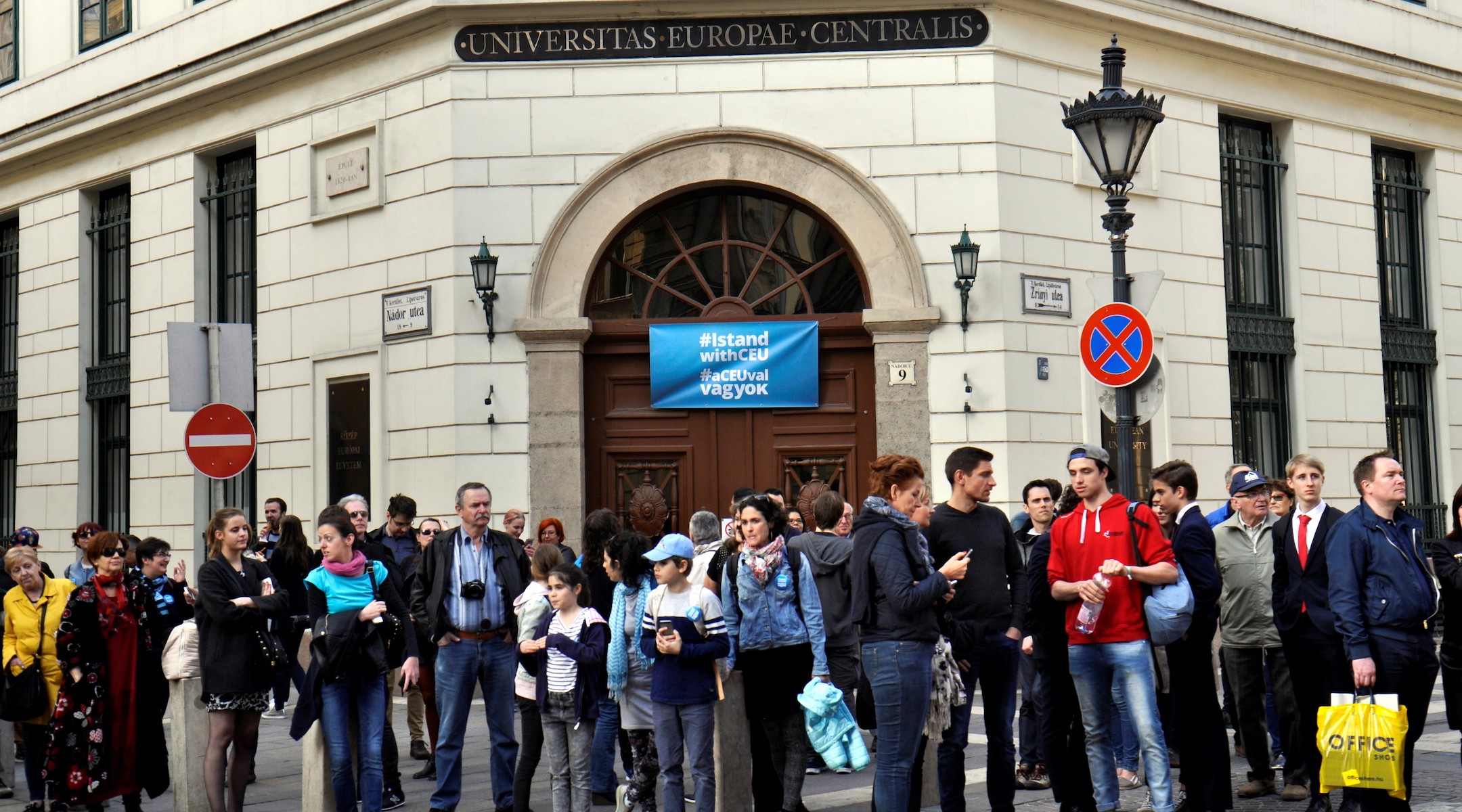 A protest in front of Central European University, which was founded by Soros, in Budapest, Hungary on April 9, 2017. (Mehmet Yilmaz/Anadolu Agency/Getty Images)