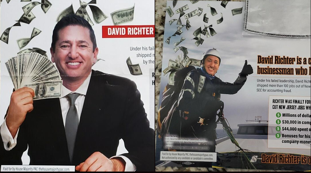 A series of mailers show New Jersey Republican congressional candidate David Richter clutching or surrounded by $100 bills. (Screenshots)