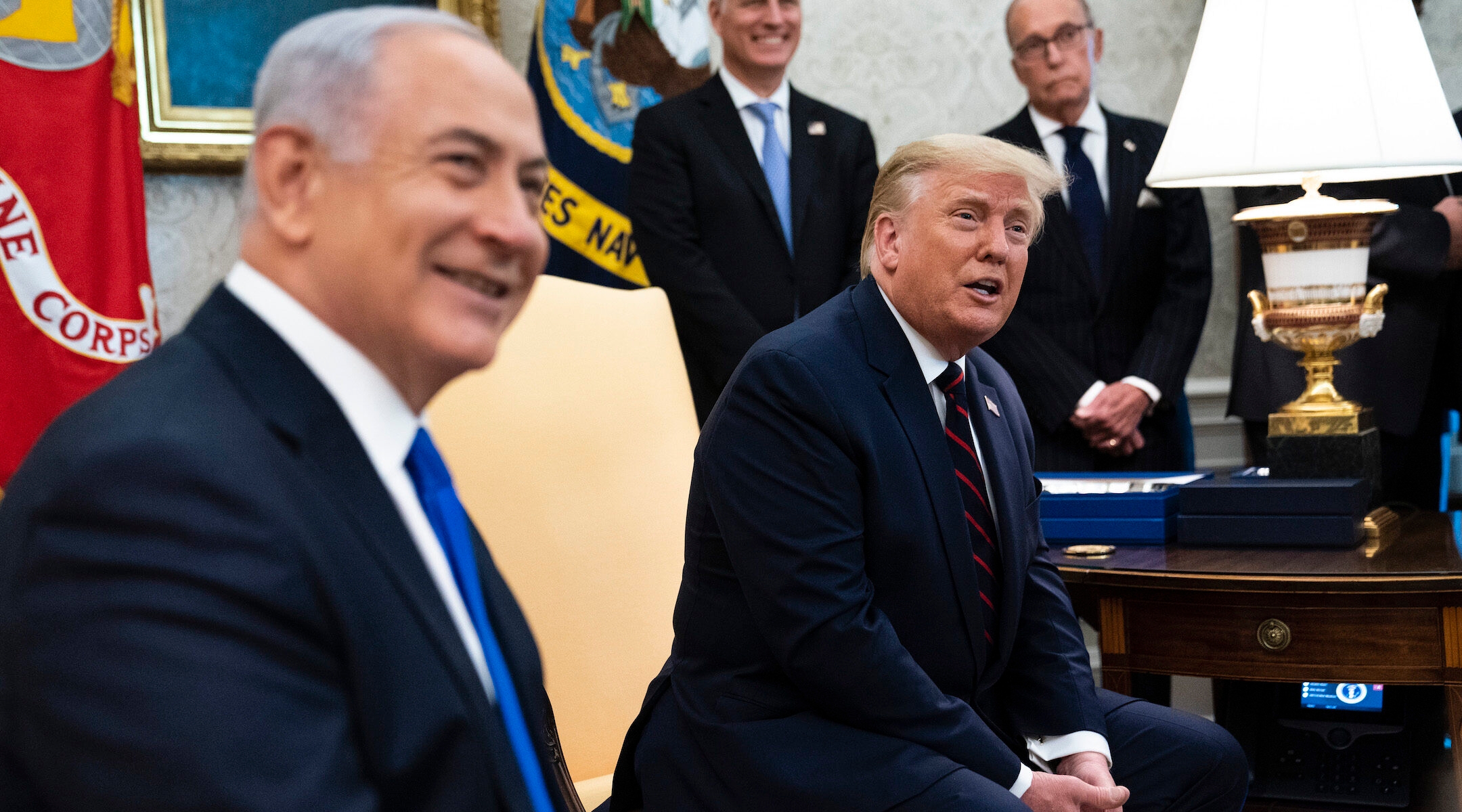 President Donald Trump and Israeli Prime Minister Benjamin Netanyahu participate in a meeting in the Oval Office on September 15, 2020, on the occasion of signing normalization agreements with the United Arab Emirates and Bahrain. (Doug Mills/Pool/Getty Images)