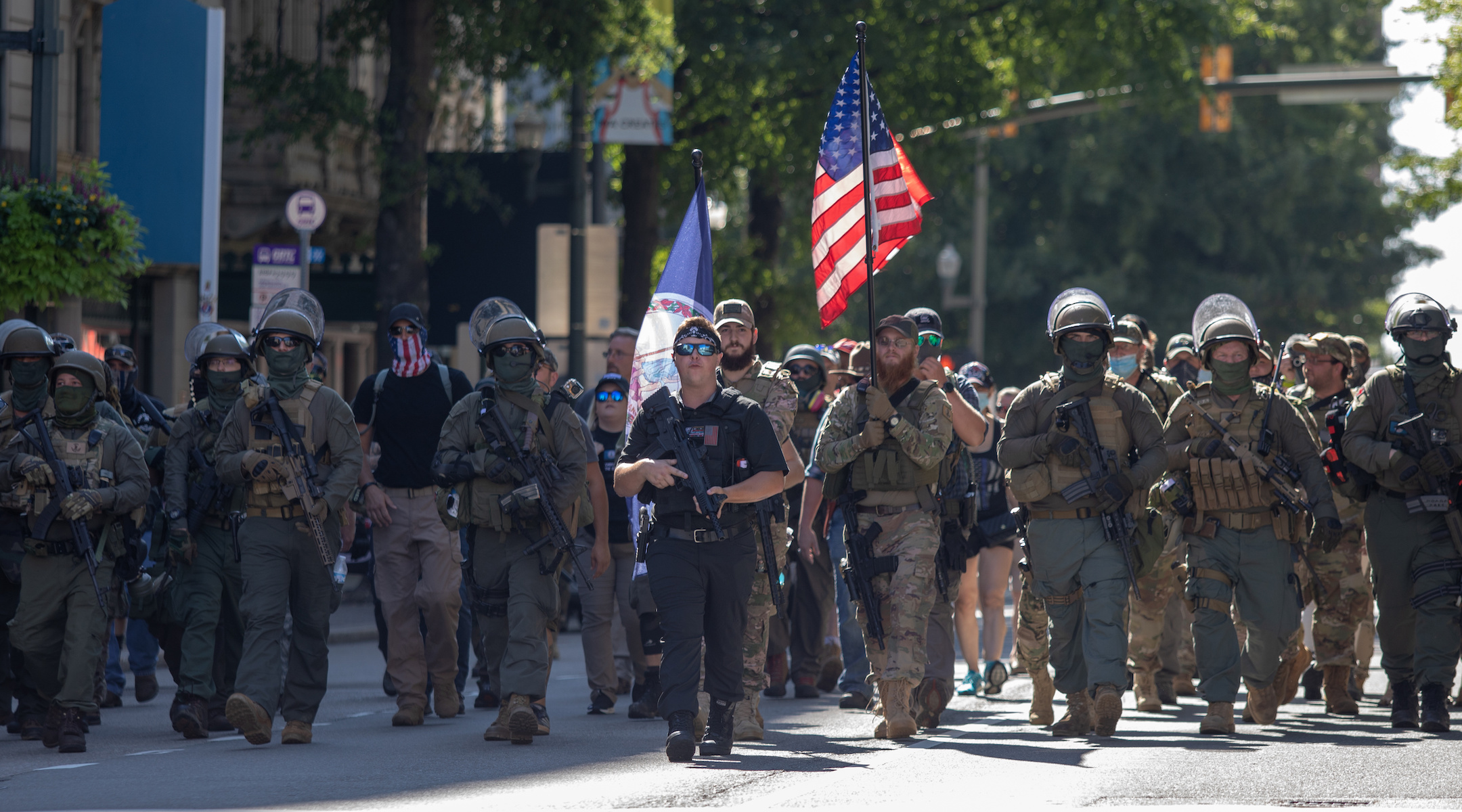 Armed gun rights protesters, led by a member of the far-right Boogaloo boys, march in Richmond, Virginia on August 18, 2020. (Chad Martin/LightRocket via Getty Images)