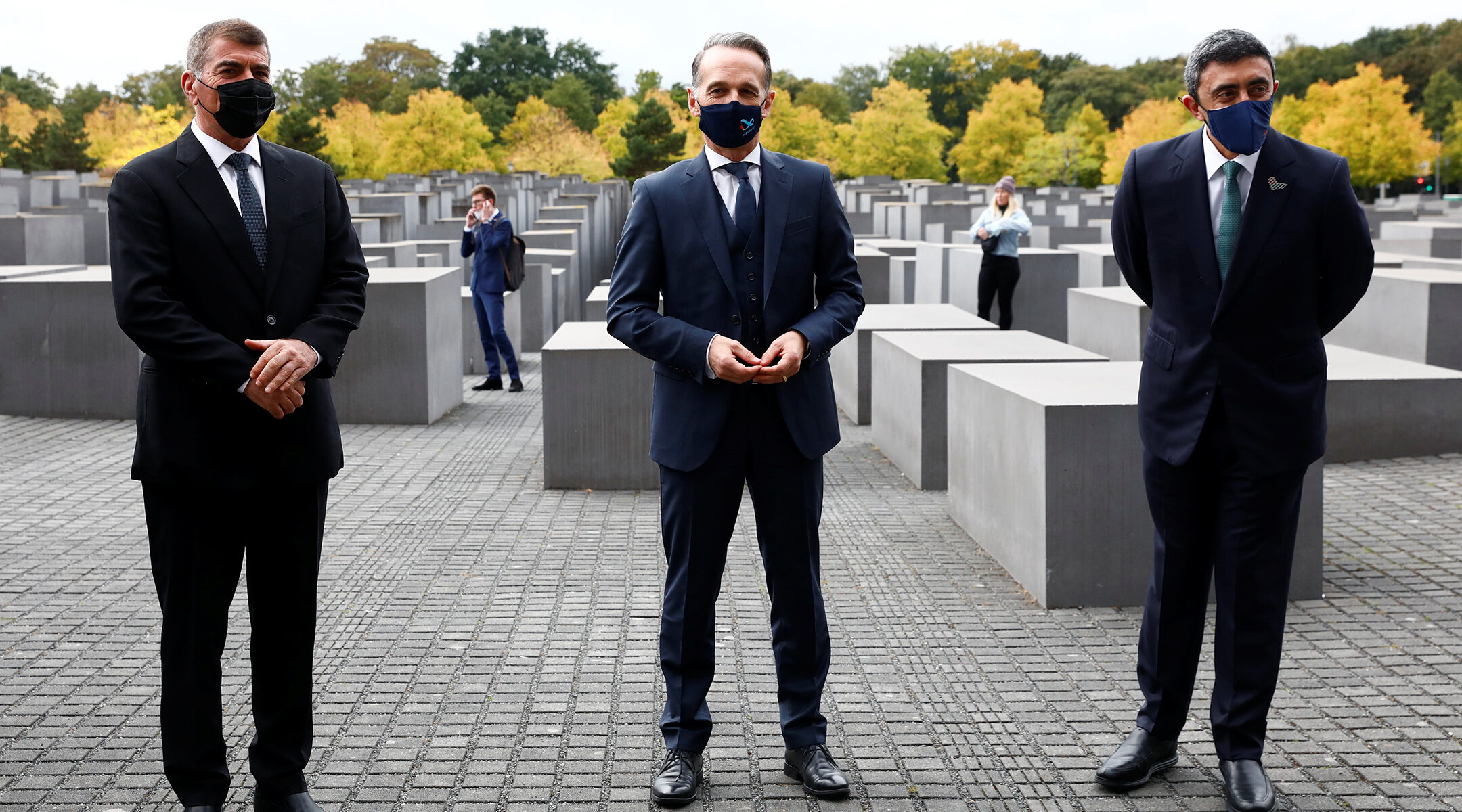 UAE Foreign Minister Abdullah bin Zayed al-Nahyan, right, with German Foreign Minister Heiko Maas and his Israeli counterpart Gabi Ashkenazi in Berlin on October 6, 2020 (Michele Tantussi-Pool/Getty Images)