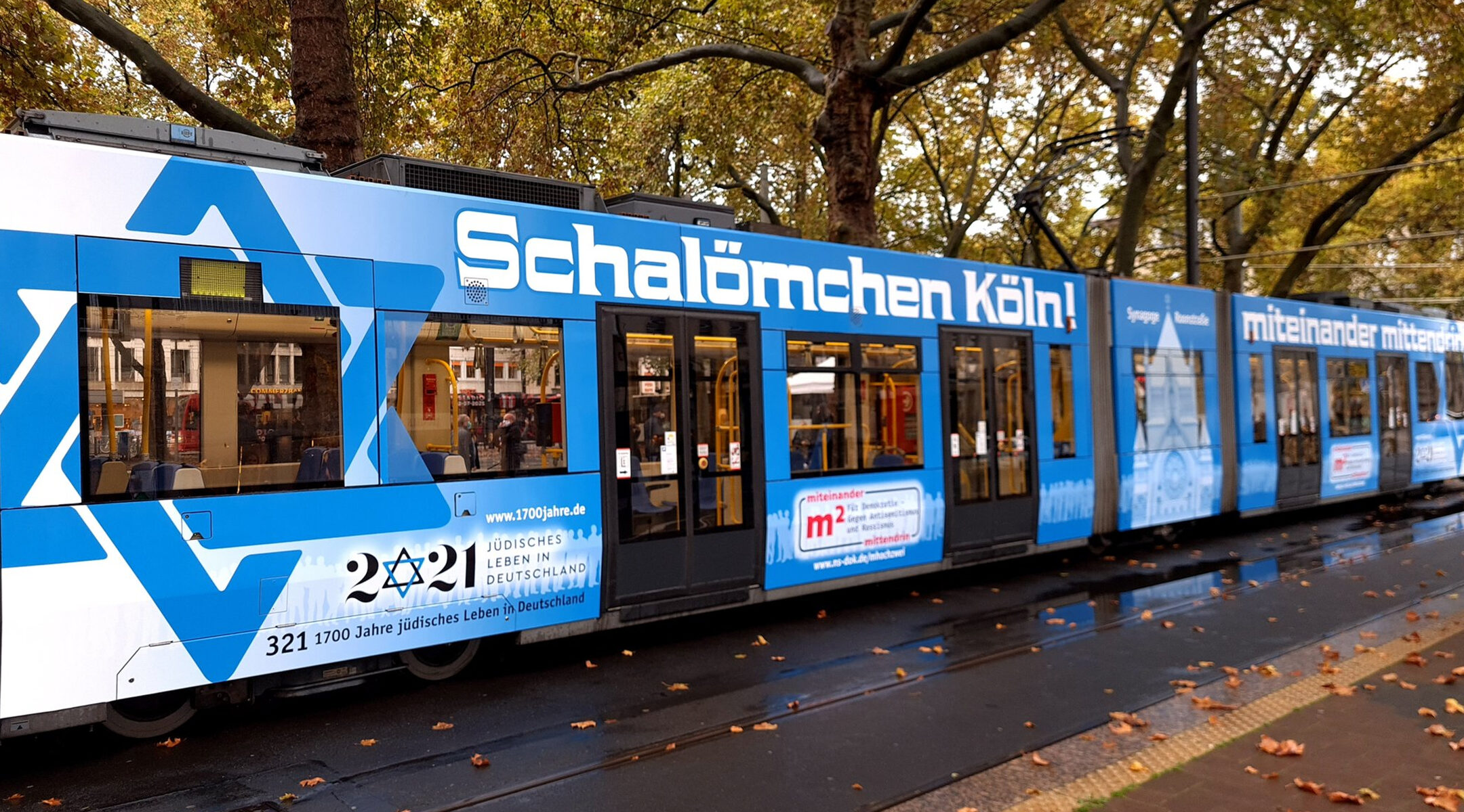 A tram featuring Star of David stickers pulls up to a halt in Cologne, Germany on Oct. 21, 2020. (Courtesy of Synagogue Community Cologne)