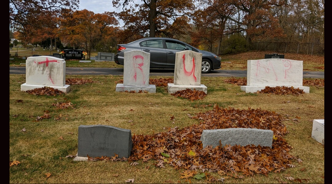 Graves are tagged with graffiti reading "MAGA" at a Jewish cemetery in Grand Rapids. (Courtesy of the ADL)