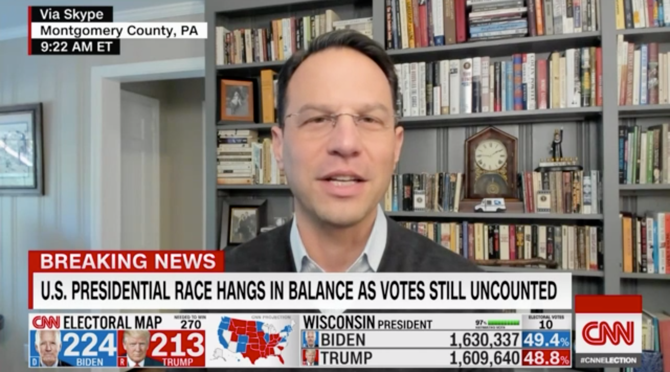 Pennsylvania Attorney General Josh Shapiro appears on CNN on November 4 to discuss vote counting in Pennsylvania. (Screenshot)