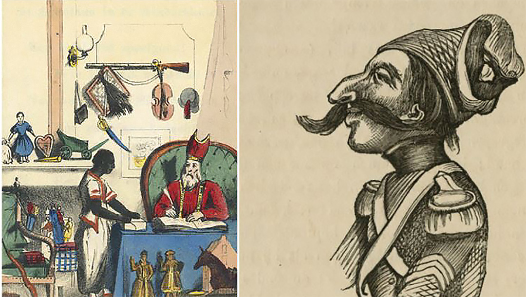 A caricature of the cowardly Jewish soldier Levie Zadok, right, and an early depiction of Black Pete by Dutch author Jan Schenkman in the 1850s. (Courtesy of the Amsterdam Jewish Historical Museum)