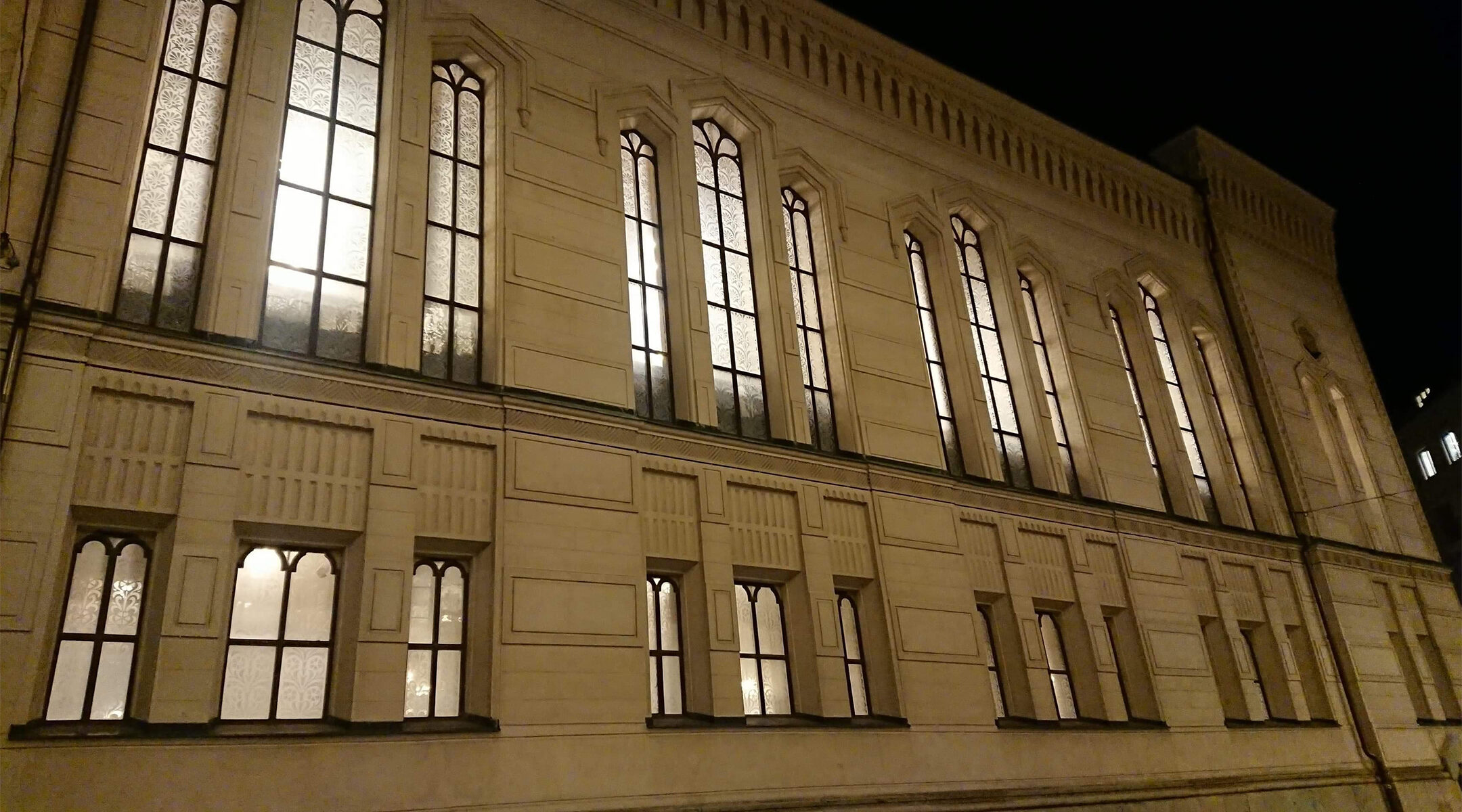 All the lights are on at the Great Synagogue of Stockholm, Sweden on Nov. 9, 2020. (Ute Steyer)