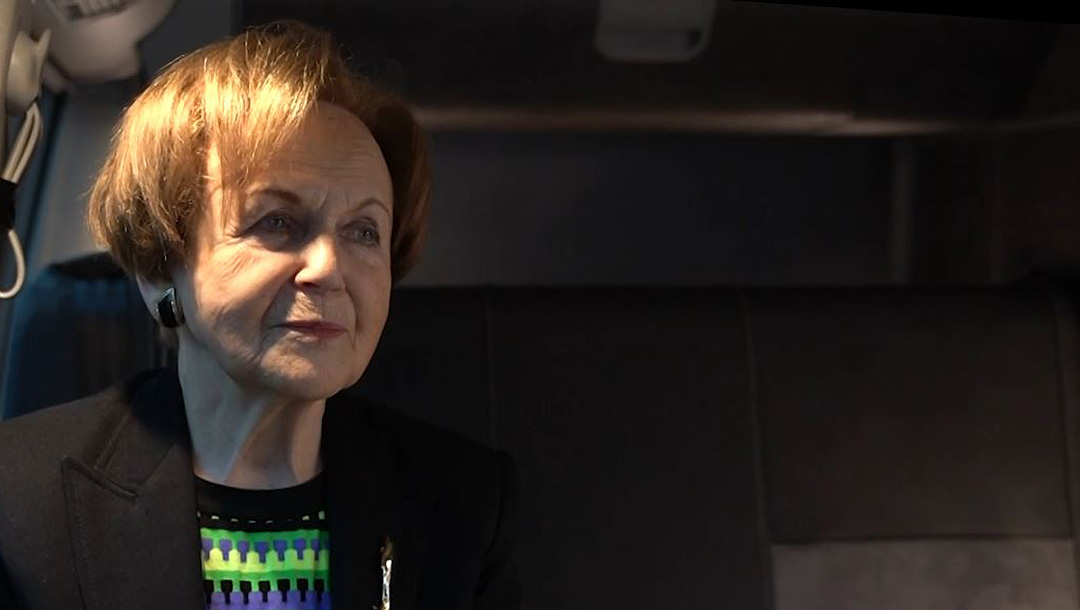 Mala Tribich tells about her survival of the Holocaust inside the Learning from the Righteous mobile studio in London, UK in December 2020. (Learning from the Righteous)