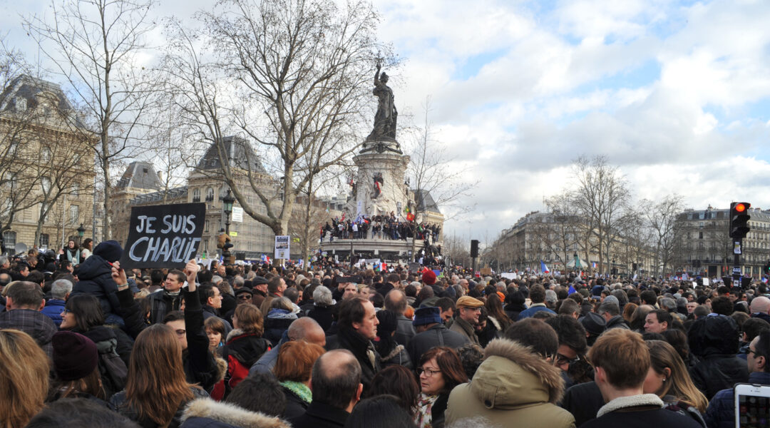 Protesters march through Paris on Jan. 11, 2015. (Wikimedia Commons/Sébastien Amiet)