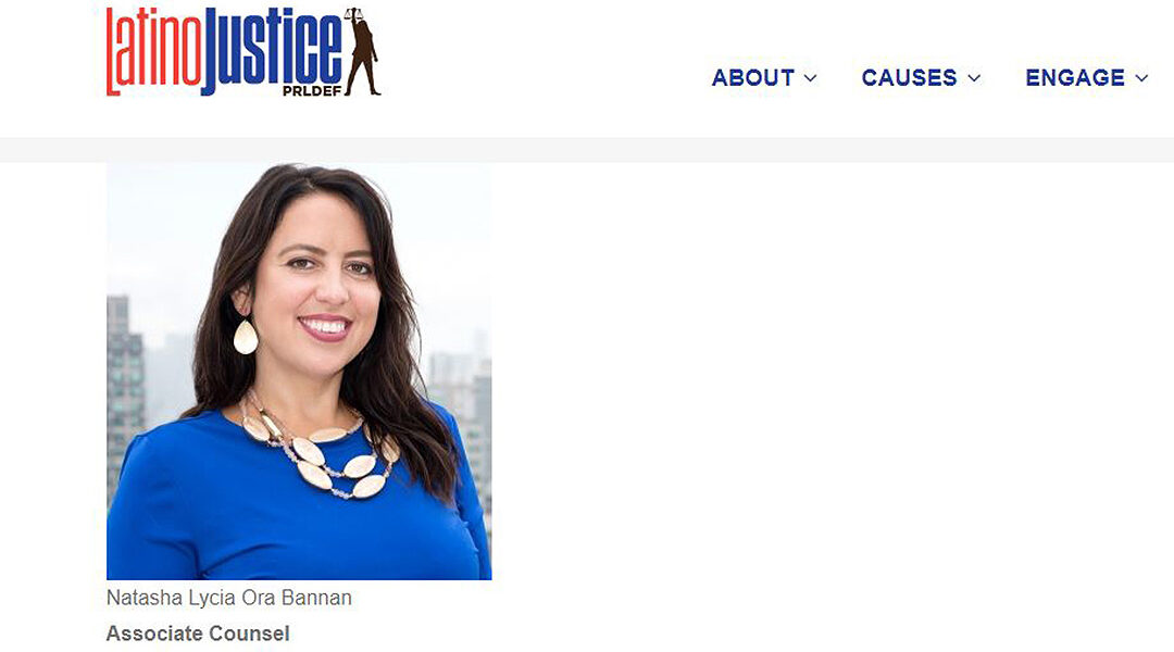 A screenshot of a biographical entry of Natasha Lycia Ora Bannan on the website www.latinojustice.org.