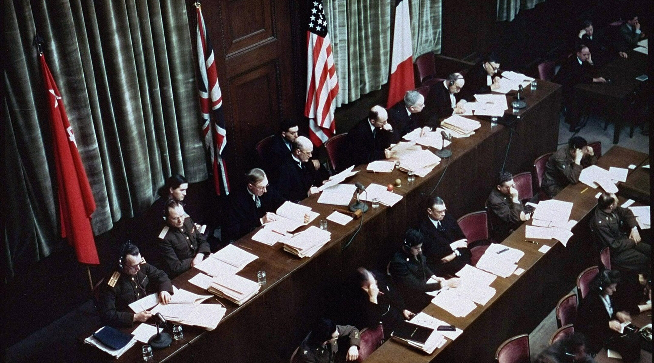 Judges deliberate at the trials of Nazi war criminals in Nuremberg, Germany on Jan. 1, 1945. (The U.S. Holocaust Memorial Museum)