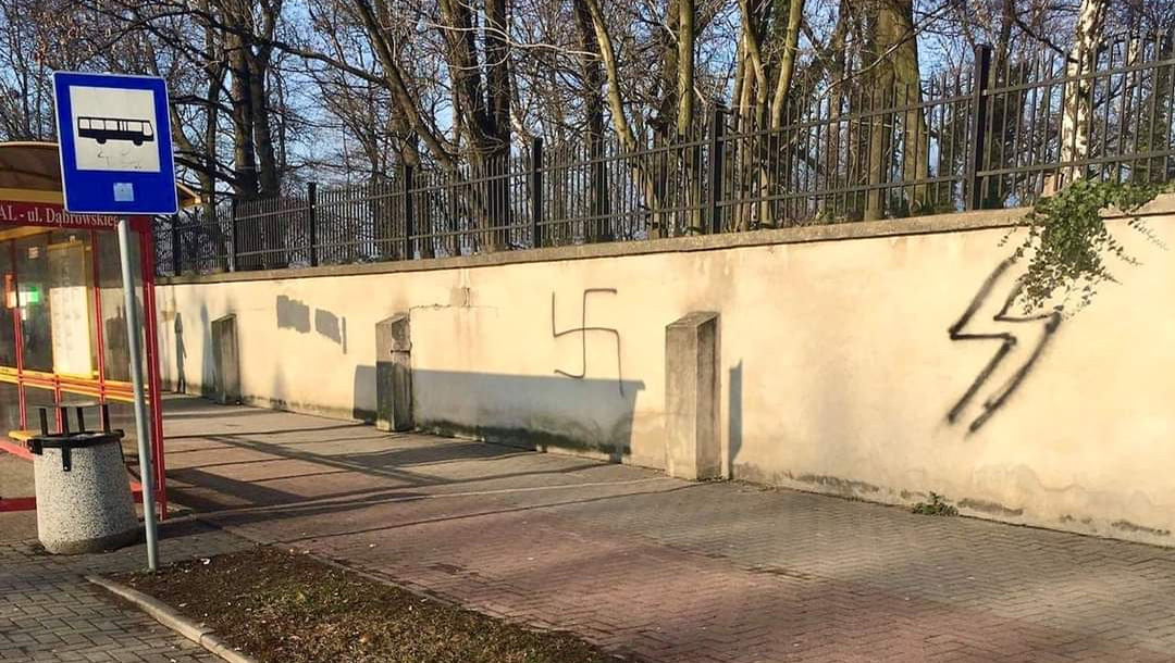 A swastika on the wall of a Jewish cemetery in Oświęcim, Poland on Jan. 10, 2021. (The Memorial and Museum Auschwitz-Birkenau)