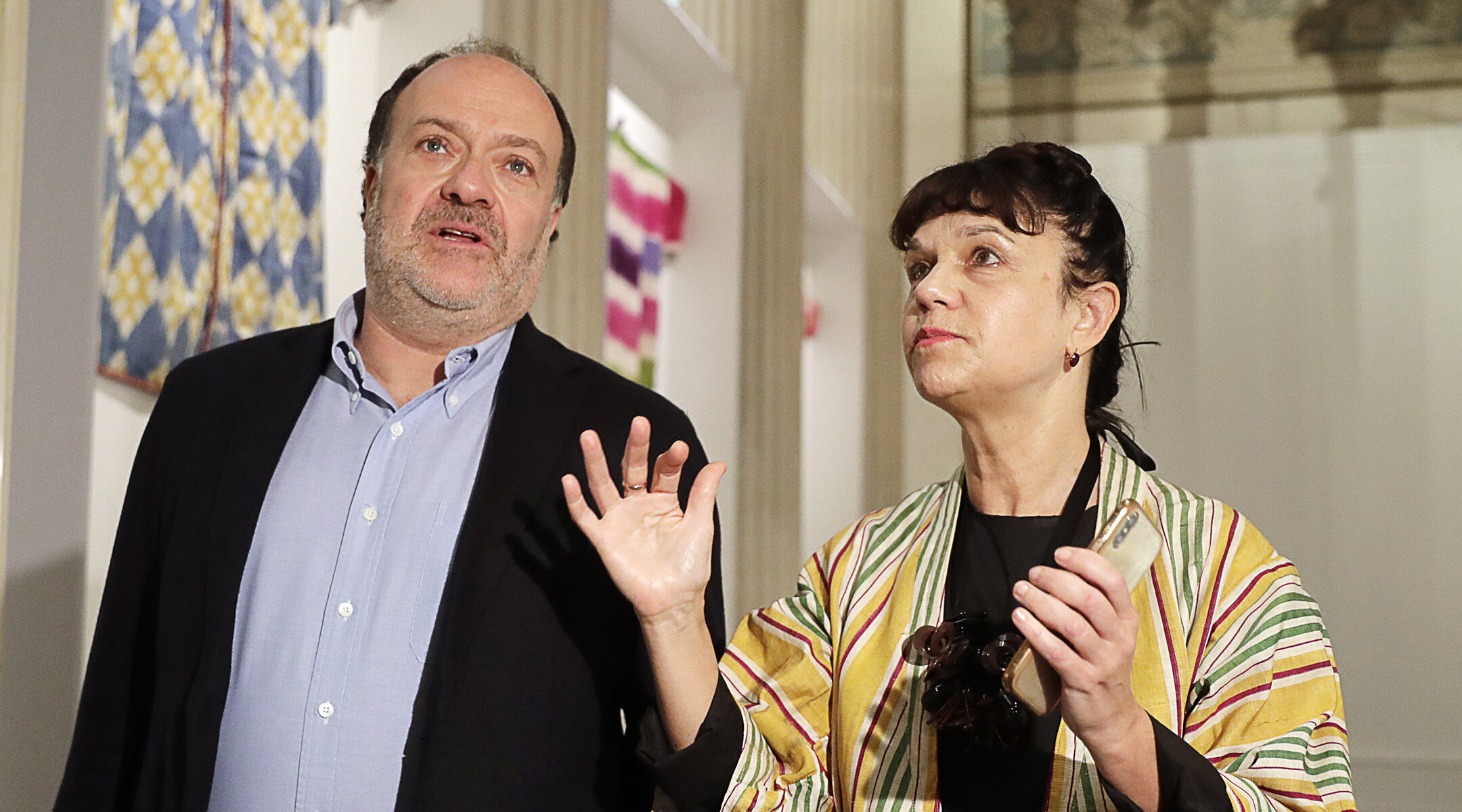 Alexander Klyachin listens to and Marina Loshak, director of the Pushkin State Museum at her institution in Moscow, Russia on Sept. 30, 2019. (Mikhail Metzel\TASS via Getty Images)