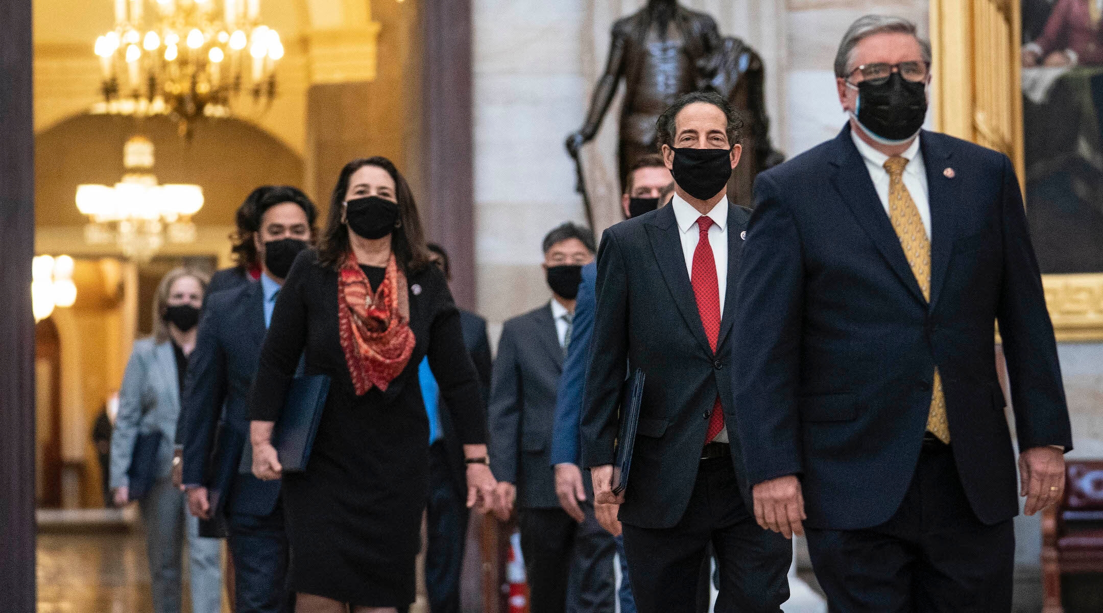 House impeachment managers proceed through the Capitol Rotunda on February 9, 2021. (Sarah Silbiger/Getty Images)