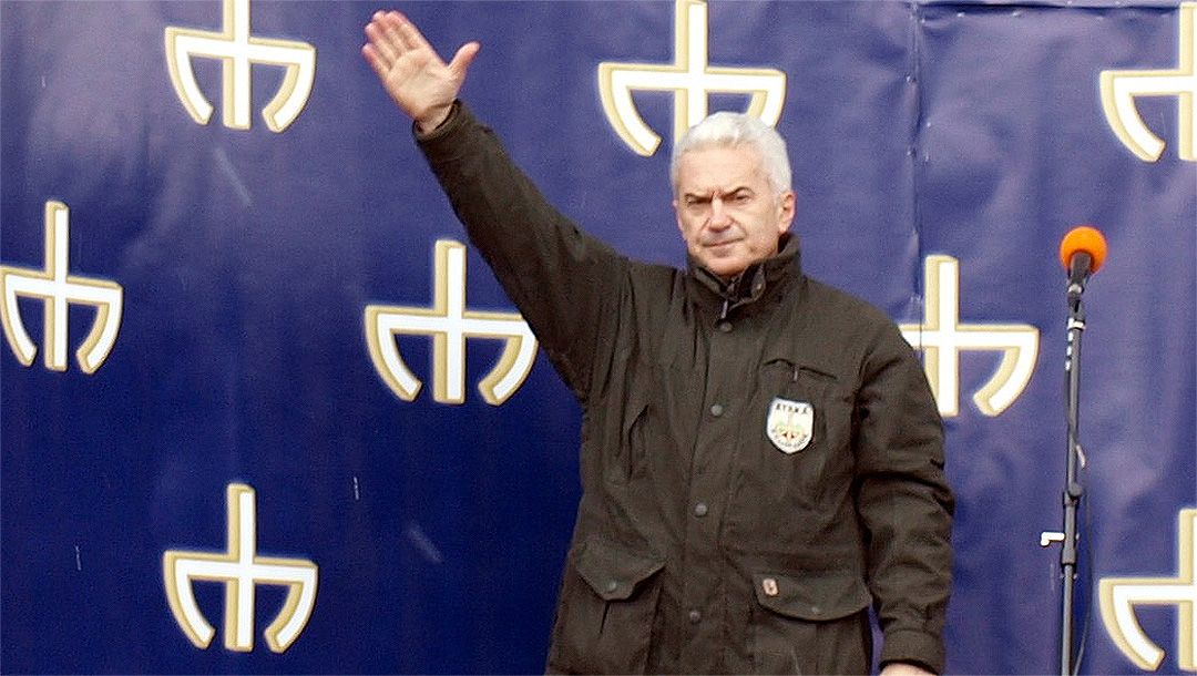 The far-right politician Volen Siderov lifts his arm at a political rally in Sofia, Bulgaria on March 11, 2011. (Wikimedia Commons)