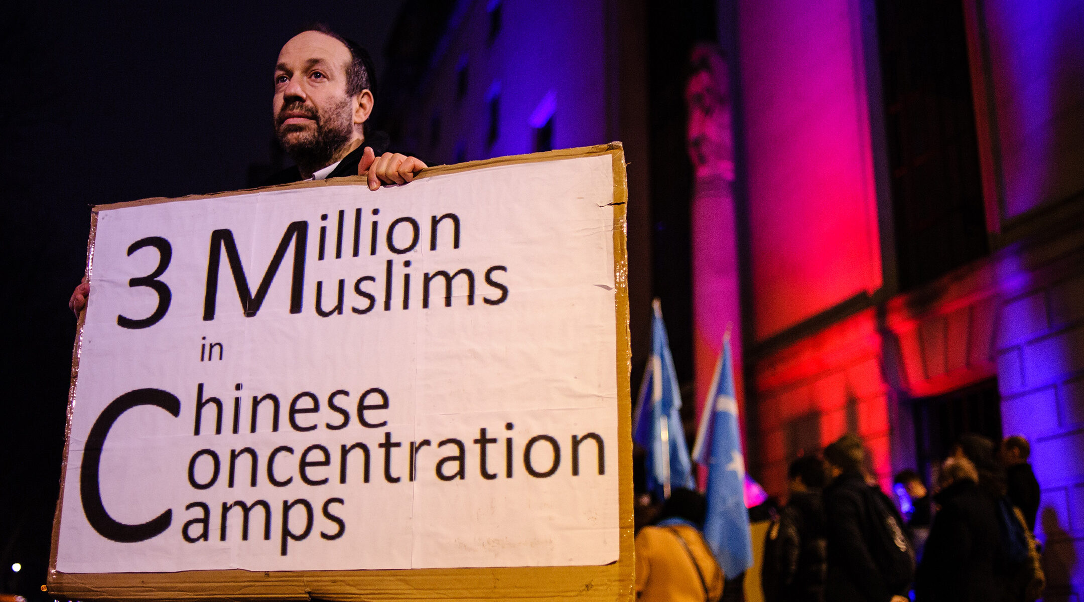 A Jewish man who identified himself as Andrew protests the oppression of China's Uyghurs outside the Chinese embassy in London, UK on Jan. 5, 2020. (David Cliff/NurPhoto via Getty Images)
