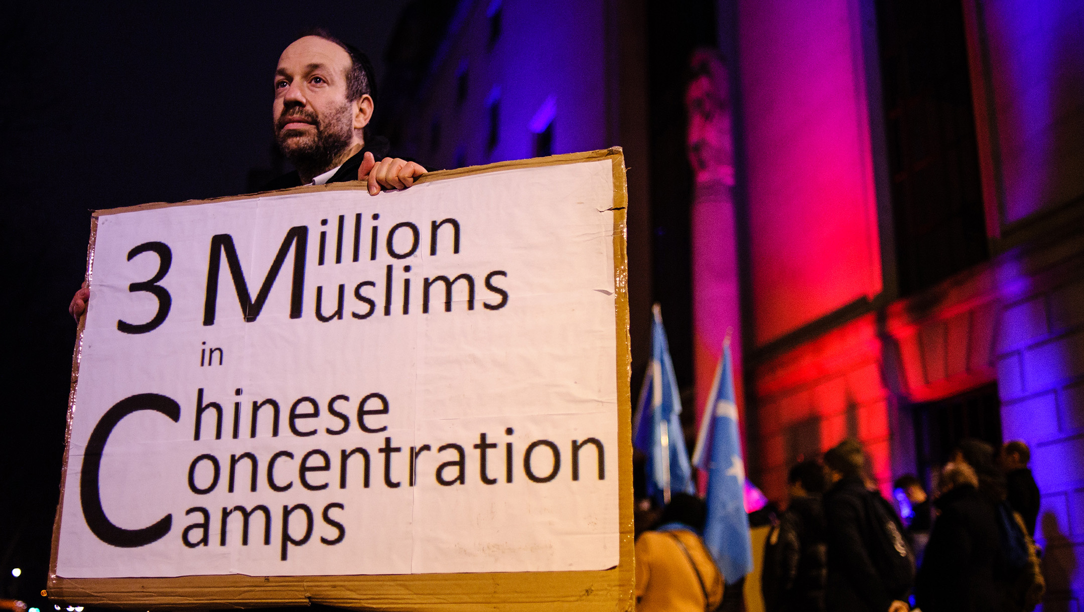 A Jewish man who identified himself as Andrew protests the oppression of China's Uyghurs outside the Chinese embassy in London, UK on Jan. 5, 2020. (David Cliff/NurPhoto via Getty Images)