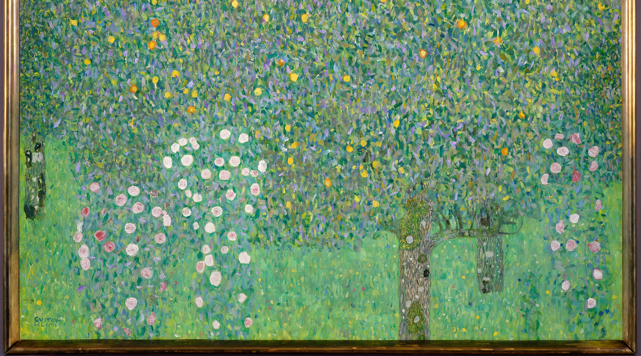 The painting "Rosebushes under the Trees" by Gustav Klimt hangs at the Musée d'Orsay museum in Paris, March 15, 2021. (Courtesy of the French Culture Ministry)