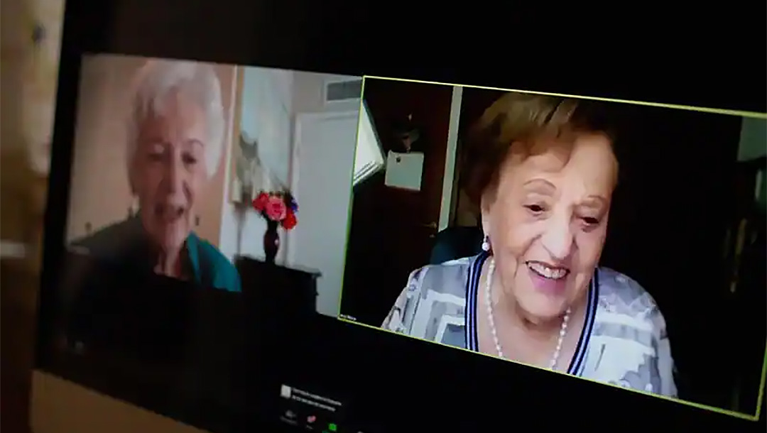 Betty Grebenschikoff, left, 91, reunites with Ana María Wahrenberg, 91, on a Zoom call. The two Holocaust survivors were best friends growing up in Germany and had been searching for each other for more than 80 years. (Courtesy of USC Shoah Foundation)