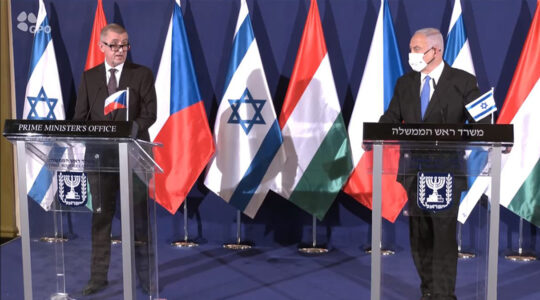 Czech Prime Minister Andrej Babis, left, speaks during a press conferencw tih Israeli Prime Minister Benjamin Netanyahu and their Hungarian counterpart Viktor Orban in Jerusalem, Israel on March 11, 2021. (GPO)
