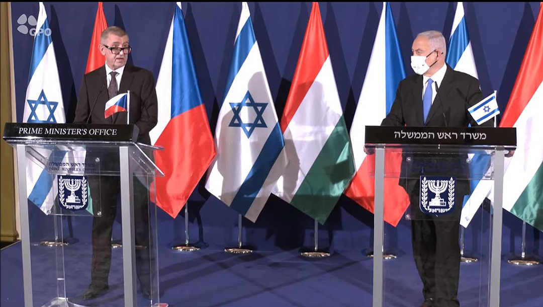 Czech Prime Minister Andrej Babis, left, speaks during a press conferencw tih Israeli Prime Minister Benjamin Netanyahu and their Hungarian counterpart Viktor Orban in Jerusalem, Israel on March 11, 2021. (GPO)