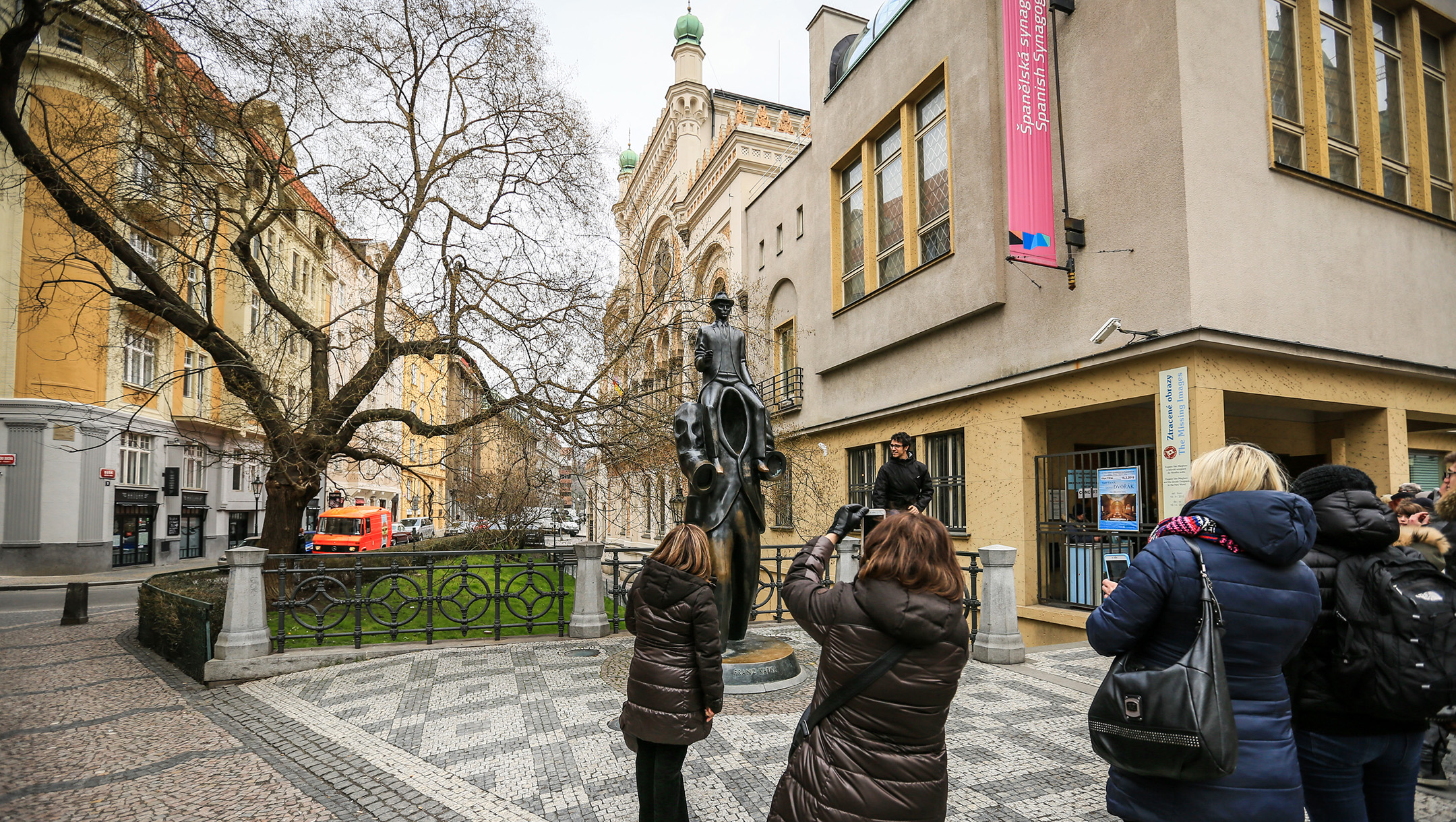 Tourists stand outside the Spanish Synagogue of Prague, the Czech Republic, on March 16, 2016.(Aziz Karimov/Pacific Press/LightRocket via Getty Images)