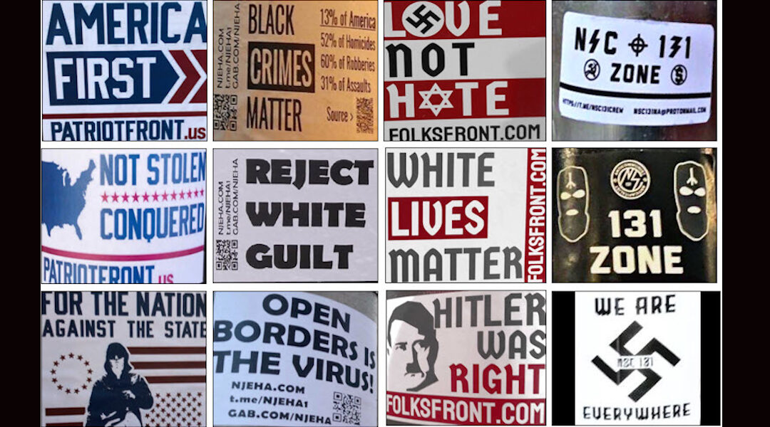 Examples of white supremacist propaganda recorded by the Anti-Defamation League in 2020. Many pieces reference American iconography or slogans. (Courtesy of the ADL)