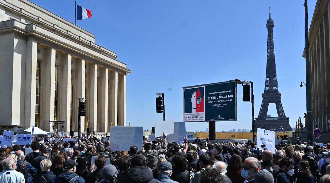 Thousands protest the French high court's ruling on the 2017 murder of Sarah Halimi in Paris on April 25, 2021. (Cnaan Liphshiz)