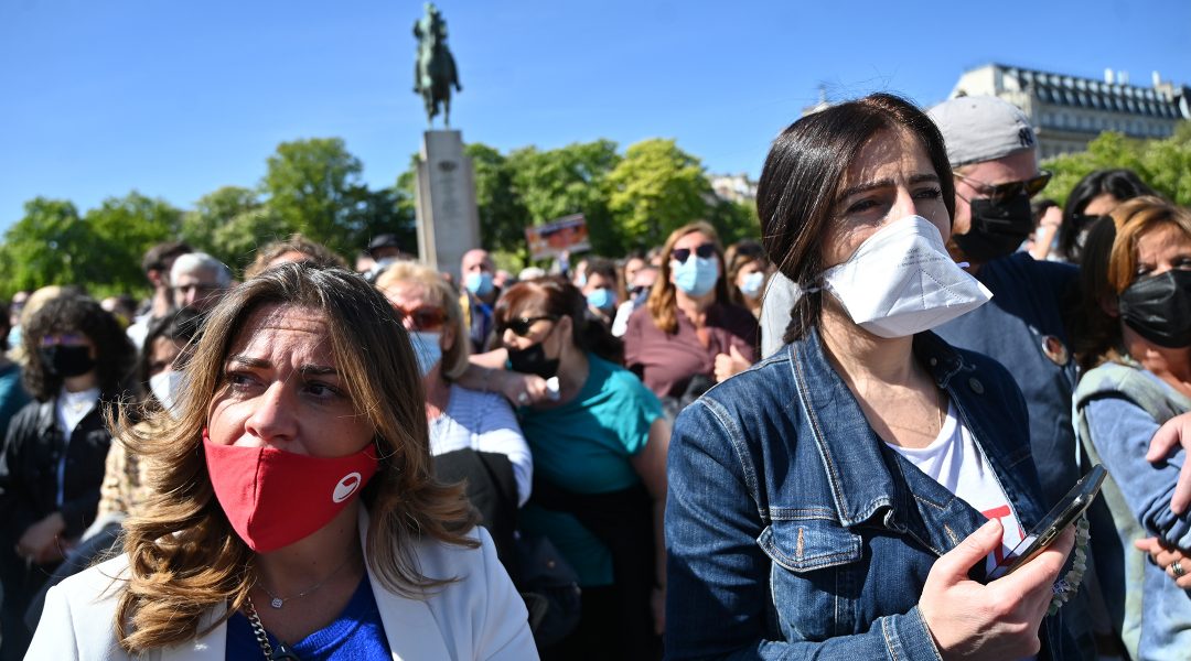 Protesters attend the 'Justice for Sarah Halimi' rally in Paris, France on April 25, 2021. (Cnaan Liphshiz)
