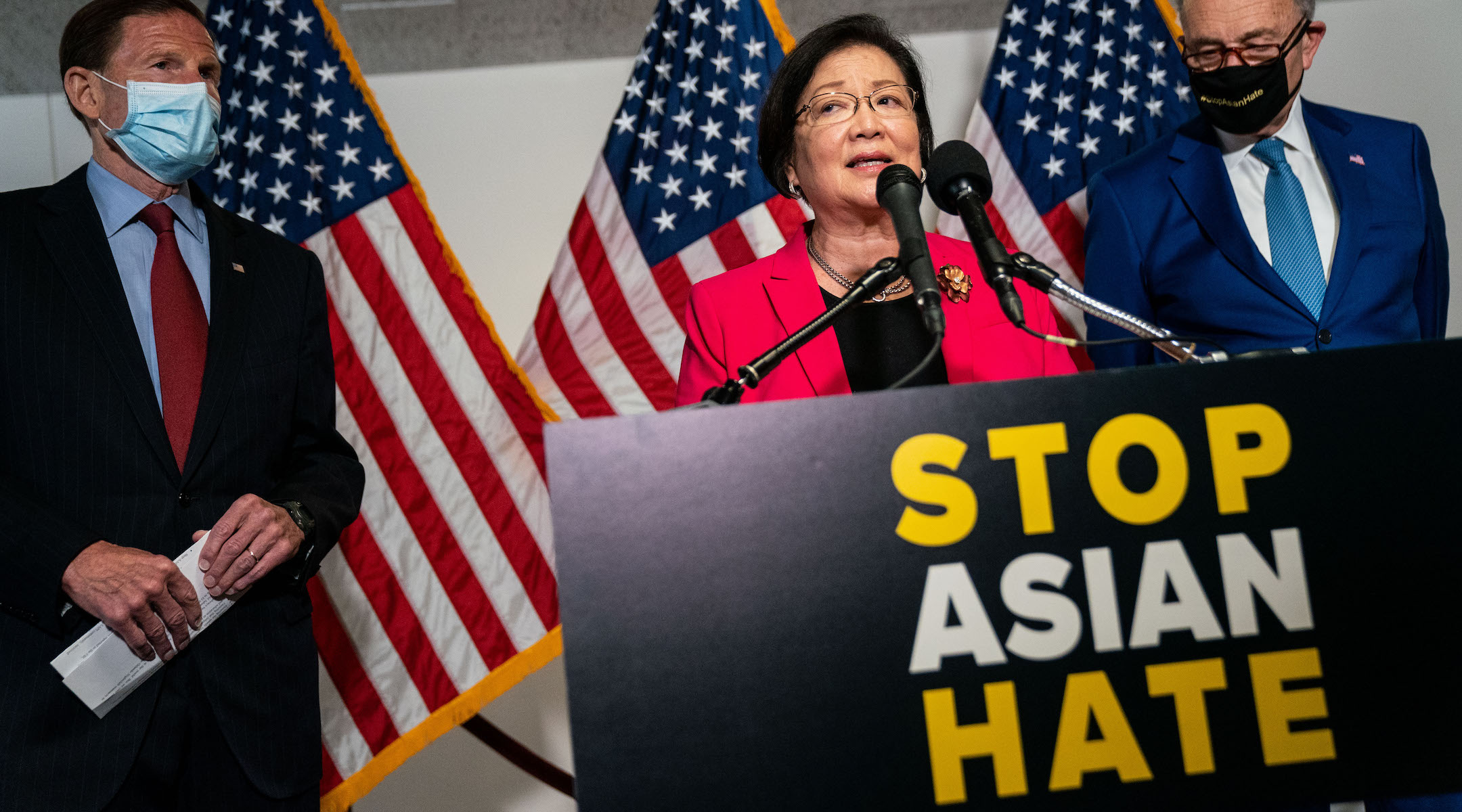 Sen. Mazie Hirono, who introduced the COVID-19 Hate Crimes Act, speaks in Washington, D.C. on April 20, 2021. (Kent Nishimura / Los Angeles Times via Getty Images)