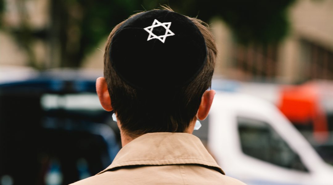 A man wears a kippah during the pro-Israel rally in Cologne, Germany, May 20, 2021. (Ying Tang/NurPhoto via Getty Images)