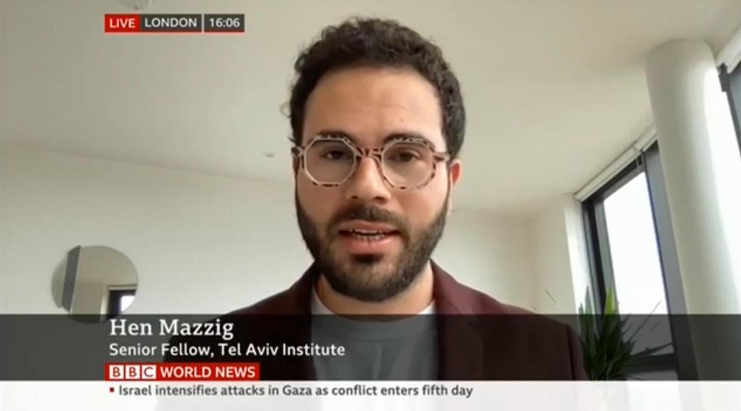 Hen Mazzig, a pro-Israel activist, speaks on the BBC during the recent fighting in Israel and Gaza. (Courtesy of Mazzig)