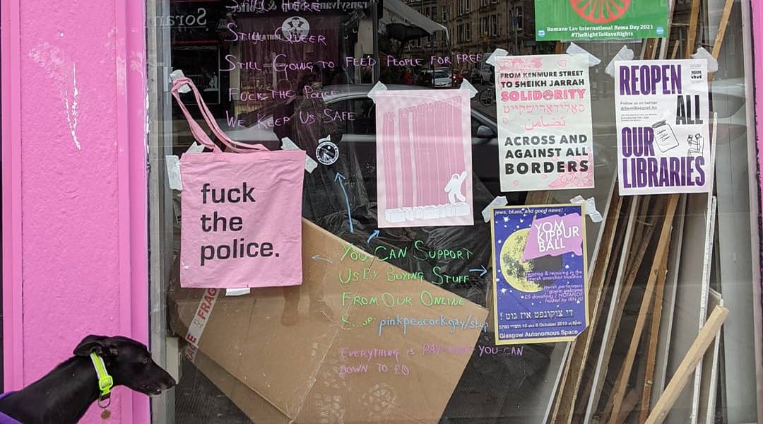Police confiscated the tote bag on display here in the display window of The Pink Peacock in Scotland, UK. (Courtesy of The Pink Peacock)