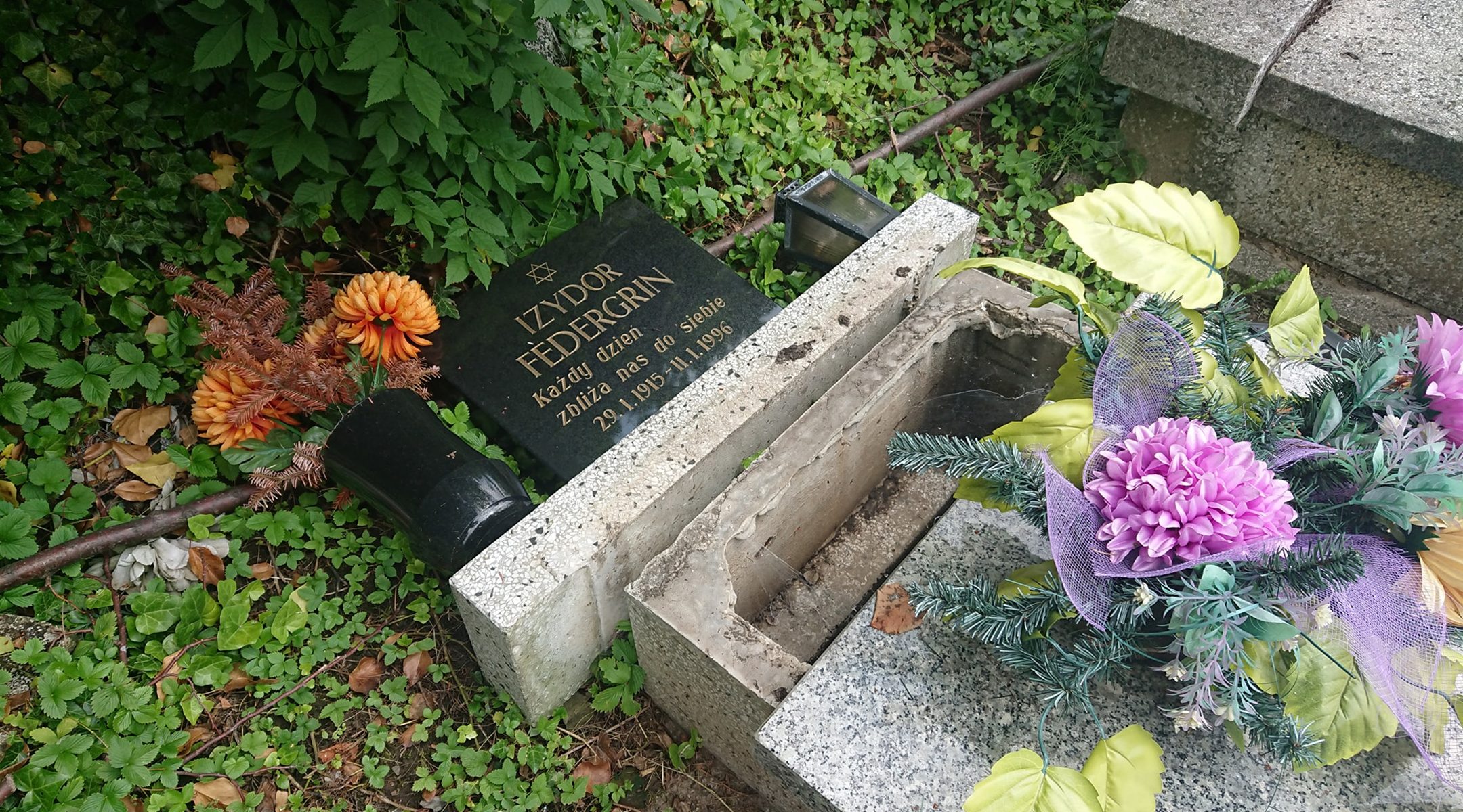 The aftermath of vandalism at the Jewish cemetery of Bielsko-Biała, Poland on June. 26, 2021. (The Jewish Community of Bielsko-Biała)
