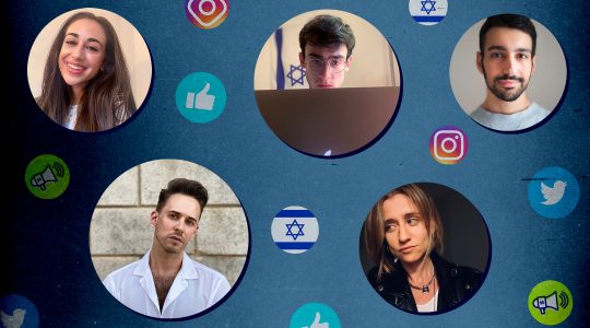 A cohort of young Jews is trying to combat antisemitism and anti-Zionism on social media. Clockwise from top left: Julia Jassey, Blake Flayton, Isaac de Castro, Eve Barlow, Ben Freeman. (Photo illustration by Grace Yagel)