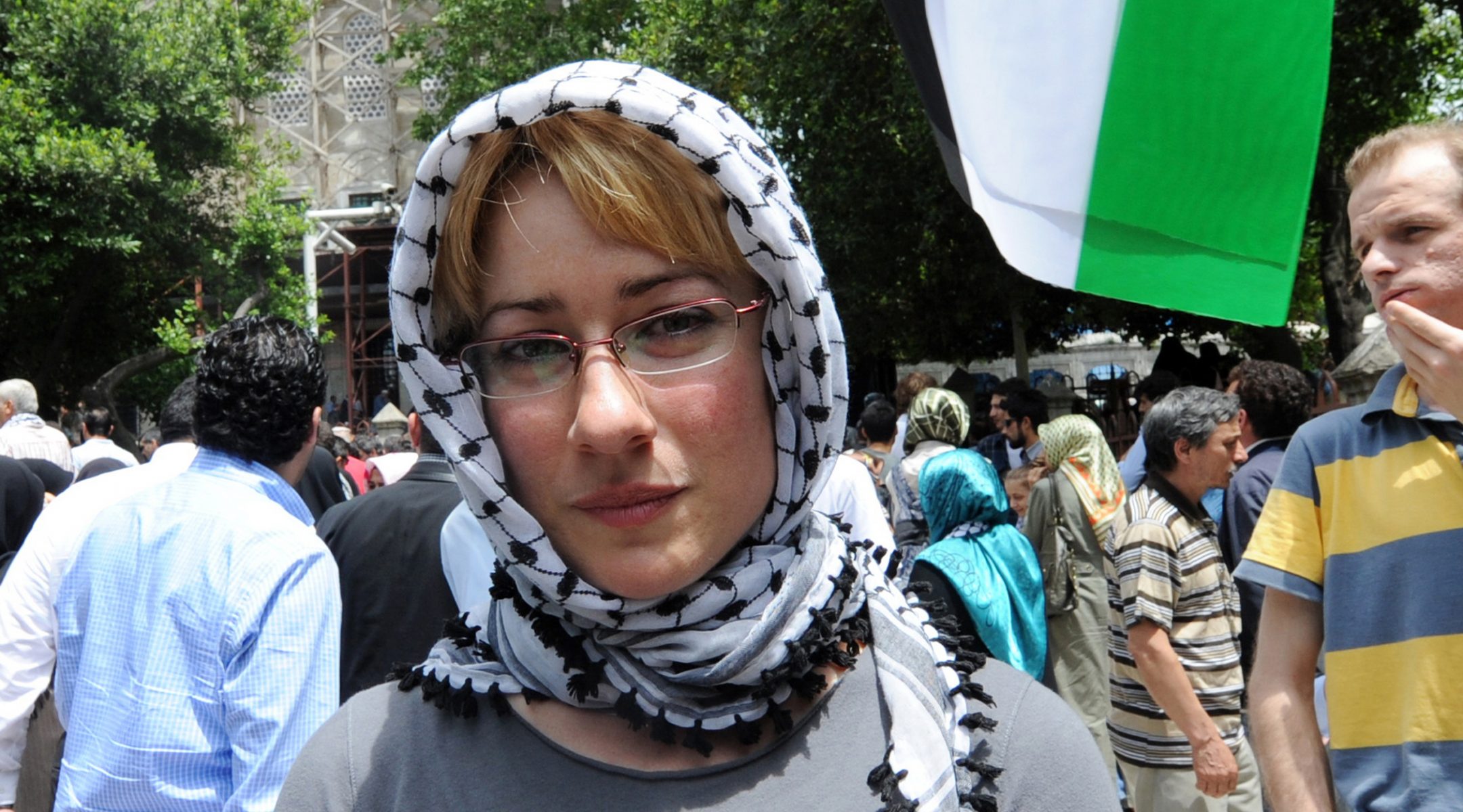 Ewa Jasiewicz attends a protest rally against Israel in Istanbul, Turkey on June 3, 2010. (Bulent Kilic/AFP via Getty Images)