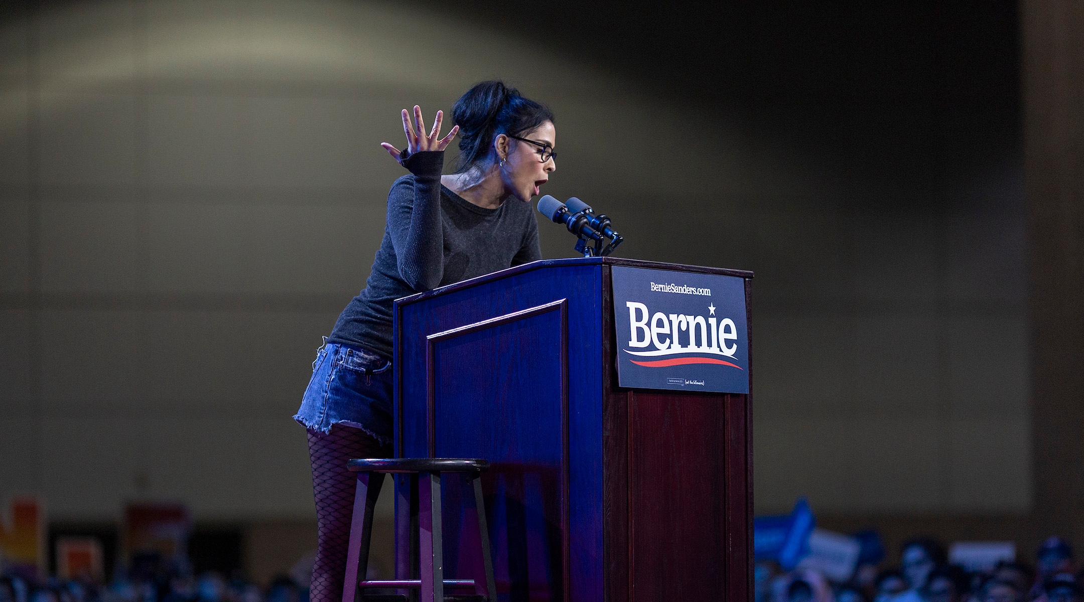 Sarah Silverman speaks at a campaign rally for Bernie Sanders