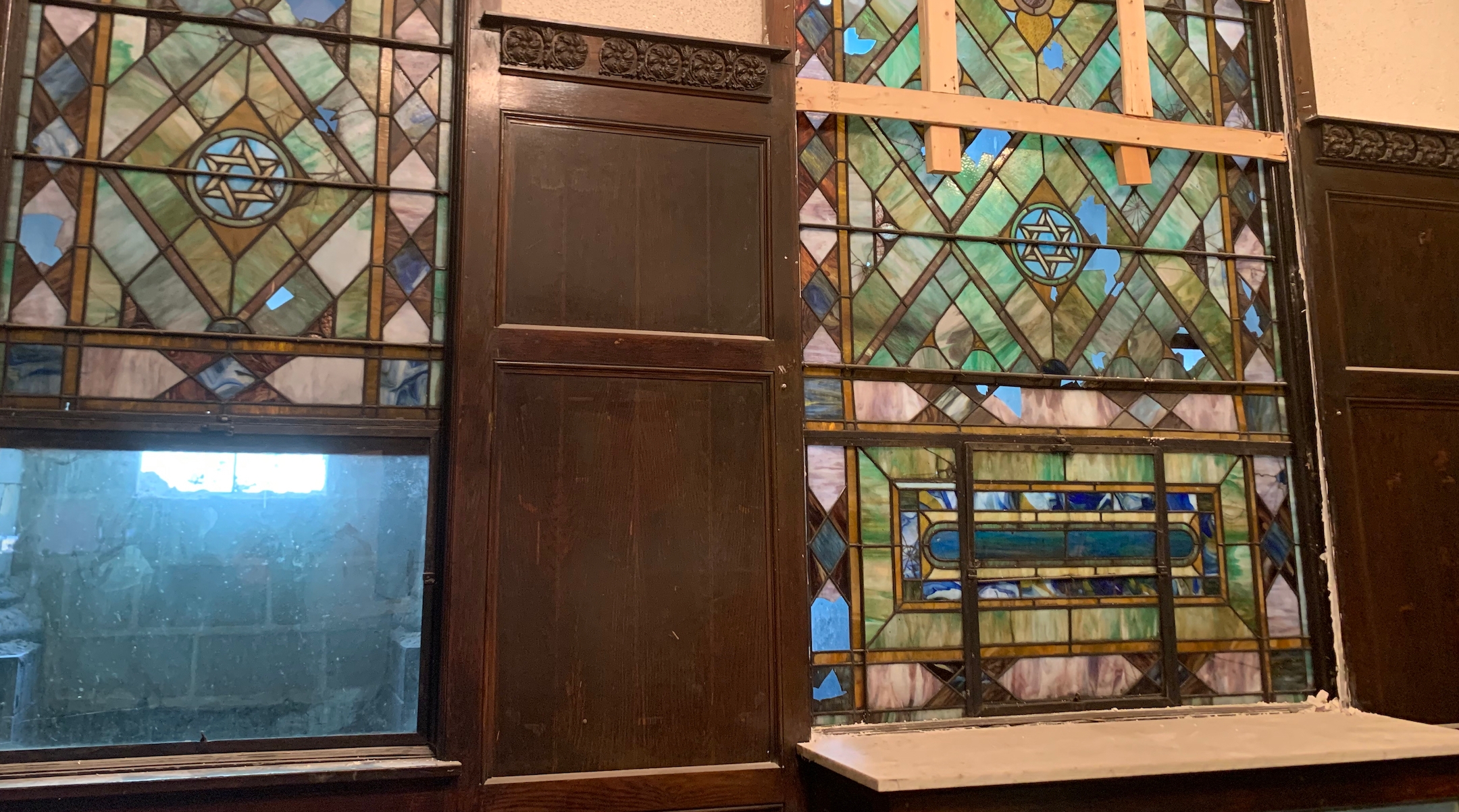 Stained-glass windows in a former synagogue on Chicago's South Side