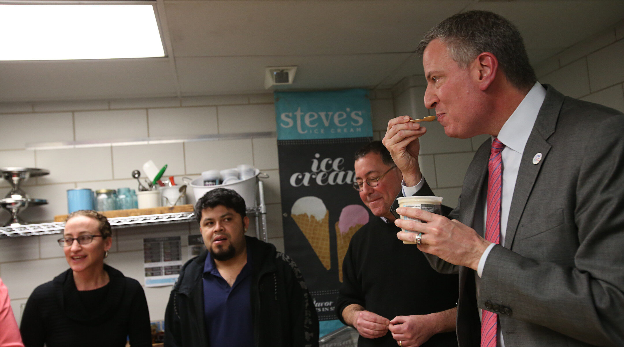 Mayor Bill de Blasio samples ice cream (not Ben & Jerry's) at Steve’s Craft Ice Cream in Brooklyn on March 20, 2014. (Rob Bennett for the Office of Mayor Bill de Blasio)