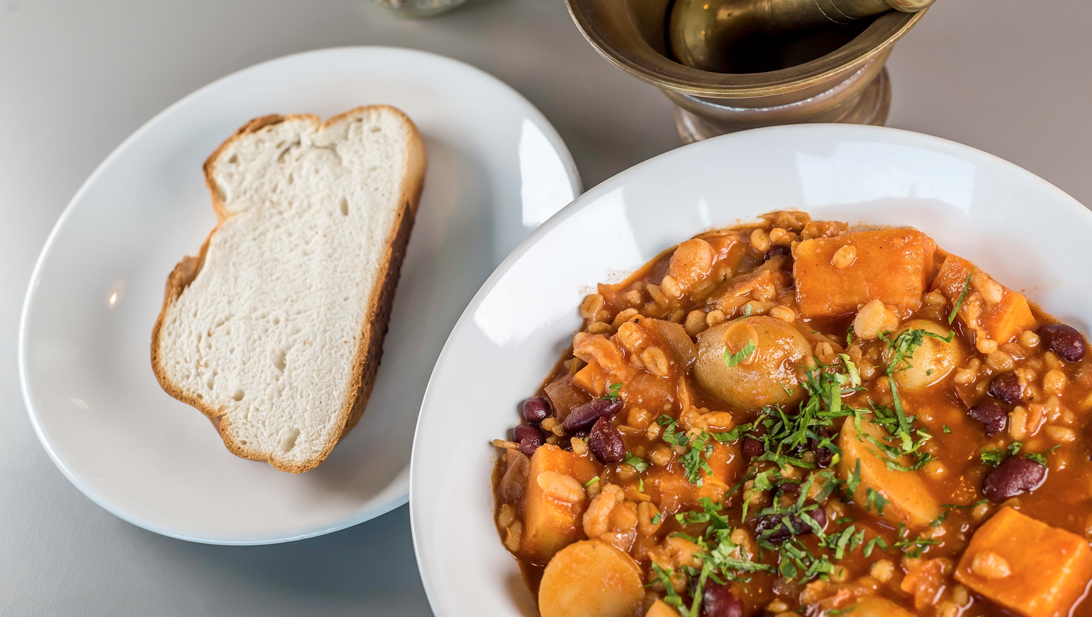 Cholent is featured and served at the kosher-style café at the Manchester Jewish Museum in Manchester, UK, which reopened following renovations on July 2, 2021. (Chris Payne)