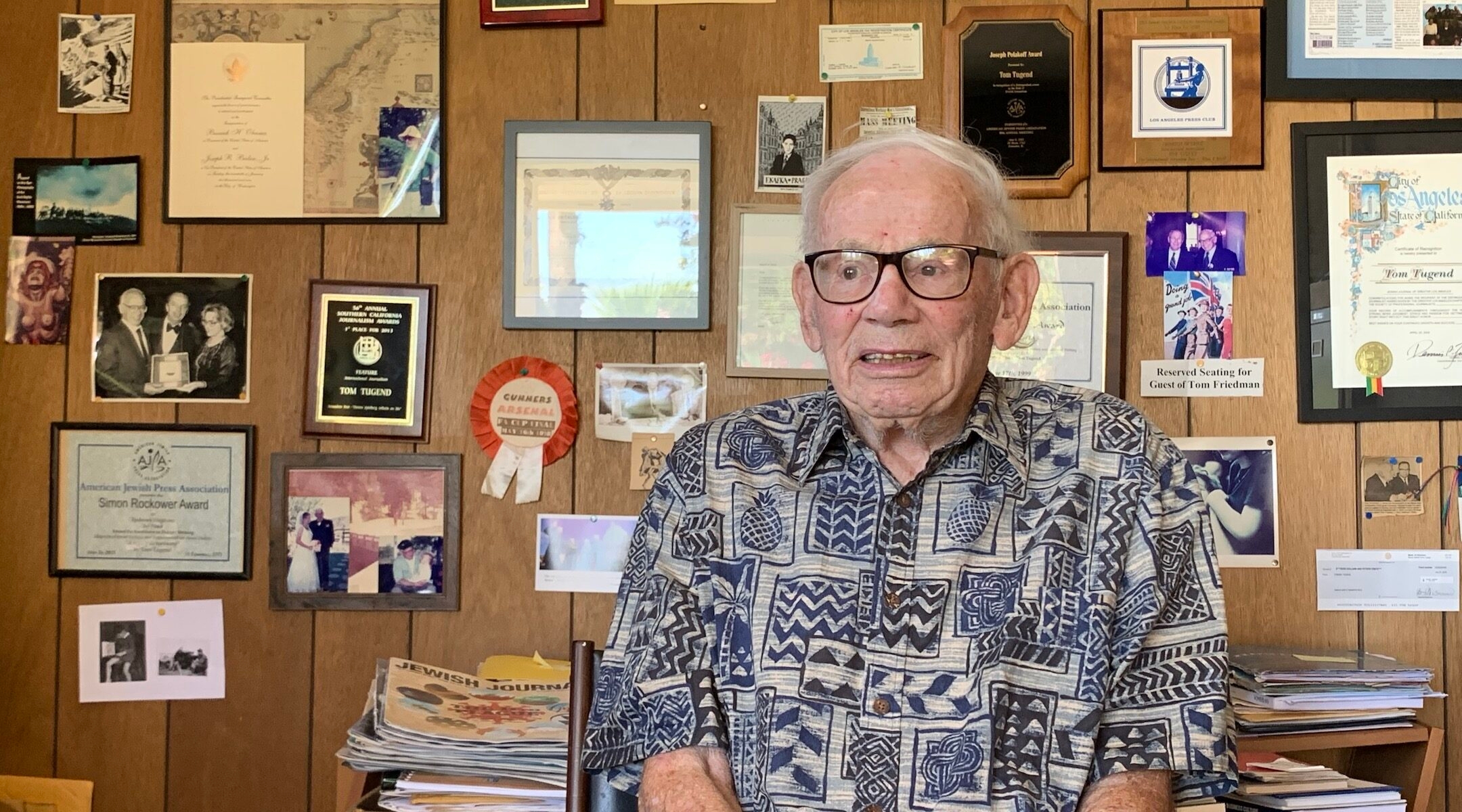 Writer Tom Tugend in his Los Angeles home