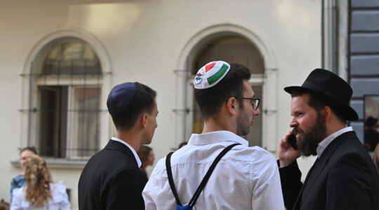 Hungarian Jews celebrate the opening of a new synagogue in Budapest on Aug. 27, 2021. (Cnaan Liphshiz)