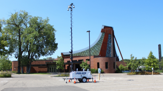 Camera rig set up outside synagogue