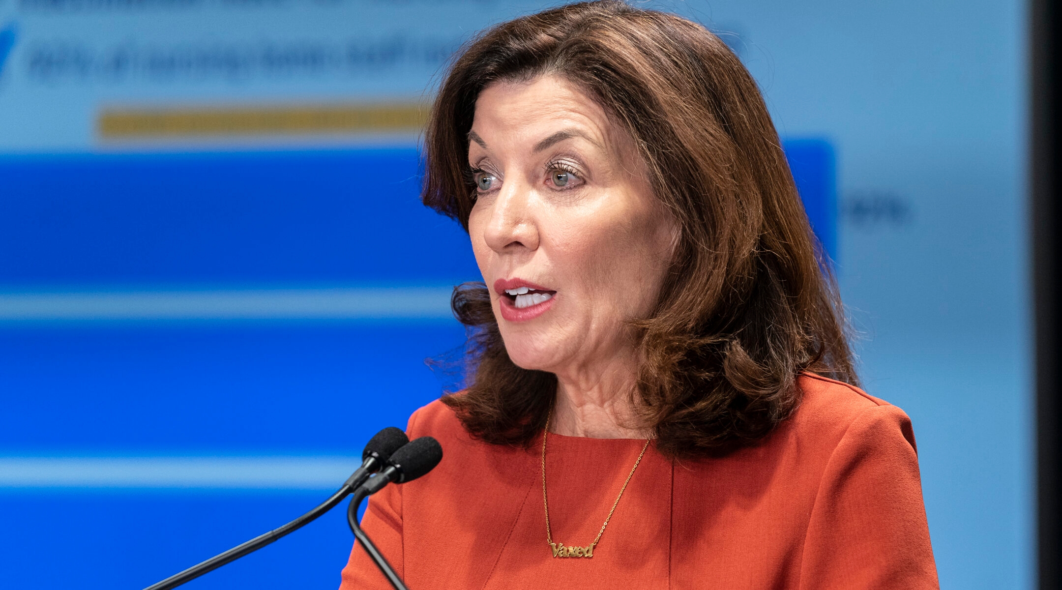 New York State Governor Kathy Hochul holds a COVID-19