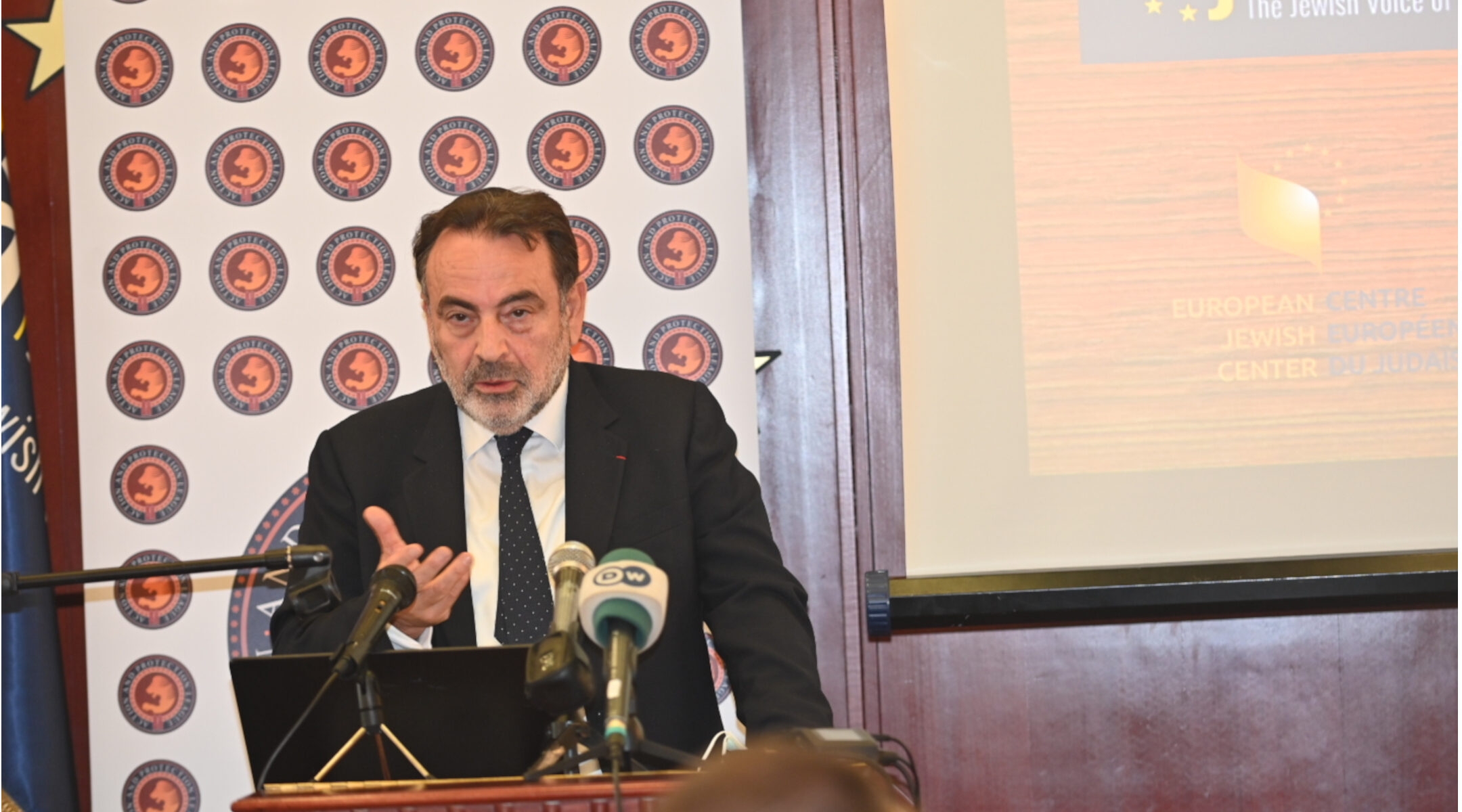 Joel Mergui speaks at a European Jewish Association conference in Brussels, Belgium on Oct. 12, 2021. (Cnaan Liphshiz)