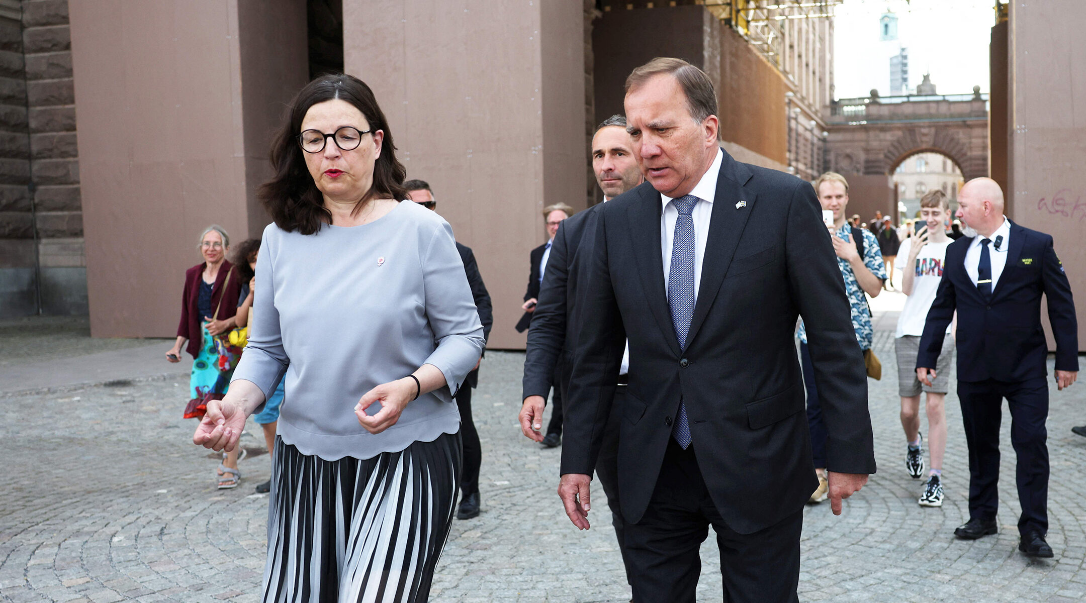 Sweden's Prime Minister Stefan Lofven and the Minister of Education Anna Ekström leave the Swedish Parliament in Stockholm on June 21, 2021. (Nils Petter Nilsson/TT News Agency/AFP via Getty Images)